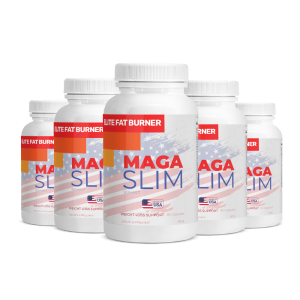 Orange bottle of MAGA Slim dietary supplement pills against a white background