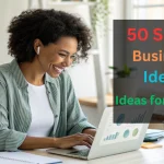 Woman entrepreneur working on laptop at home office desk planning small business ideas for women