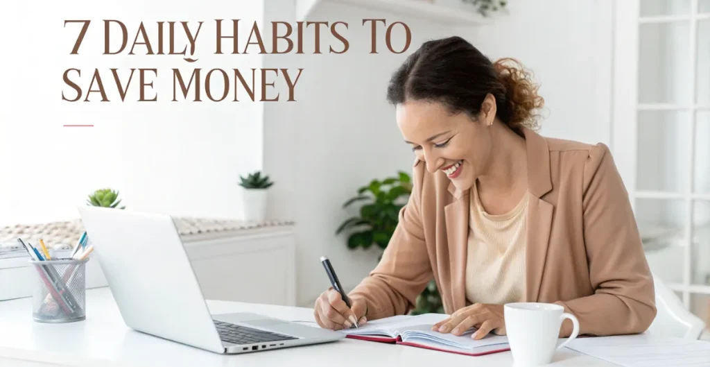 7 daily habits women can use to save money with planner and coffee at home office desk
