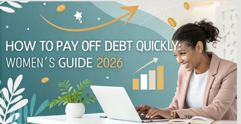A confident woman managing her finances on a laptop, surrounded by charts and money icons, symbolizing financial growth and empowerment — How to Pay Off Debt Quickly: Women’s Guide 2026.