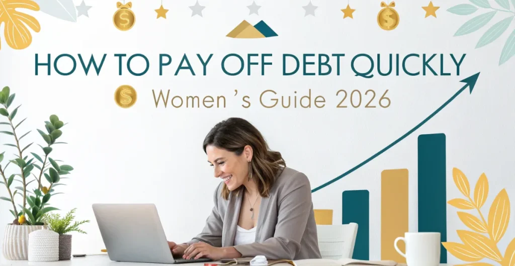 A confident woman managing her finances on a laptop, surrounded by charts and money icons, symbolizing financial growth and empowerment — How to Pay Off Debt Quickly: Women’s Guide 2026.
