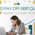 A confident woman managing her finances on a laptop, surrounded by charts and money icons, symbolizing financial growth and empowerment — How to Pay Off Debt Quickly: Women’s Guide 2026.