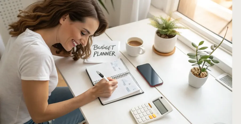 Woman writing in budget planner with cash envelopes and calculator for money-saving challenges