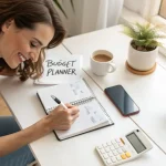 Woman writing in budget planner with cash envelopes and calculator for money-saving challenges