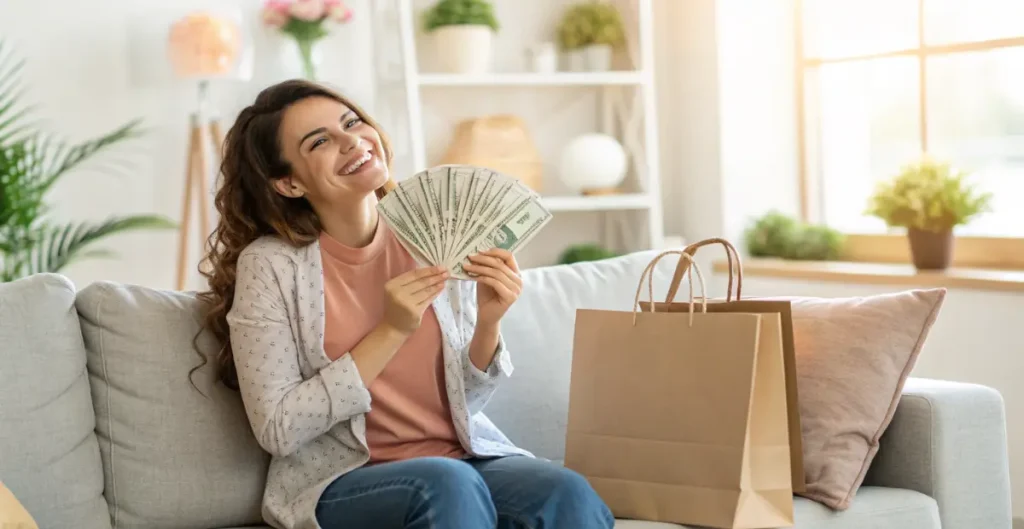 Woman holding cash and shopping bags showing how to save $500 fast without sacrificing fun